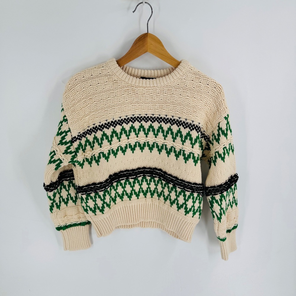 Miou Muse Green Cream Geometric Fair Isle Cotton Chunky Knit Sweater M